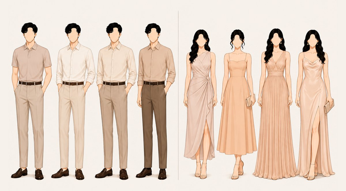 Guest gentlemen and ladies attire mockup in khaki, beige, nude, and ivory