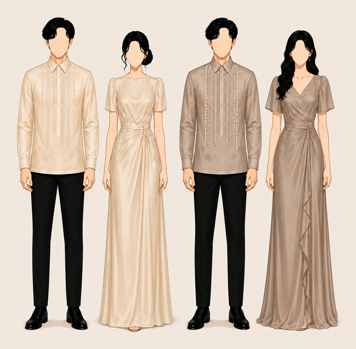 Ninong barong and Ninang gown attire mockup in champagne and taupe